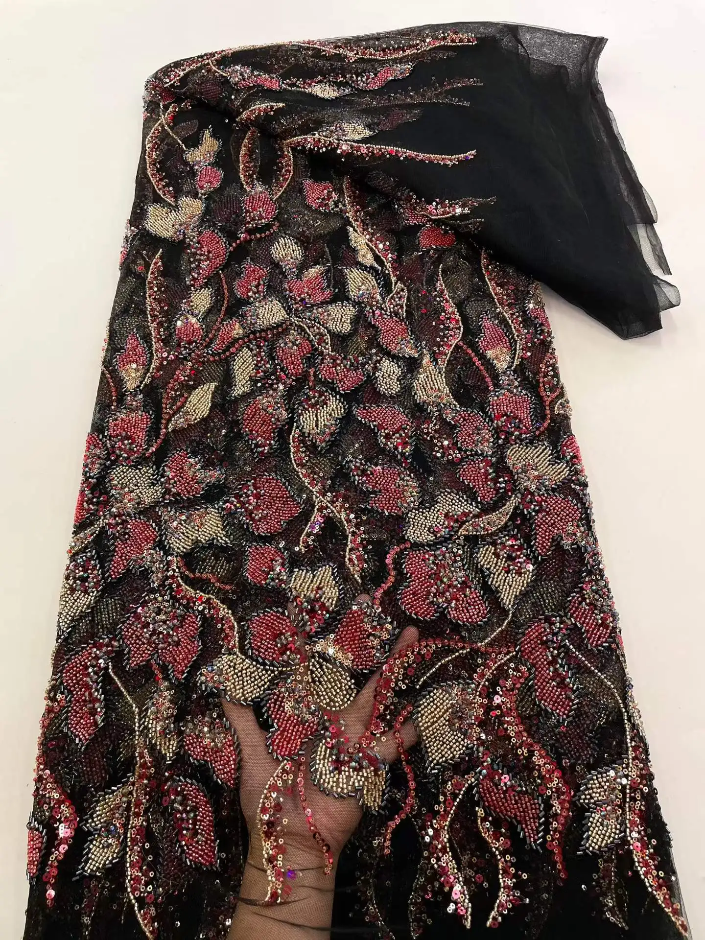 

5yards Luxury African Sequins Beaded Lace Fabrics High Quality Sequence Embroidery French Nigerian Lace Fabric For Wedding Dress