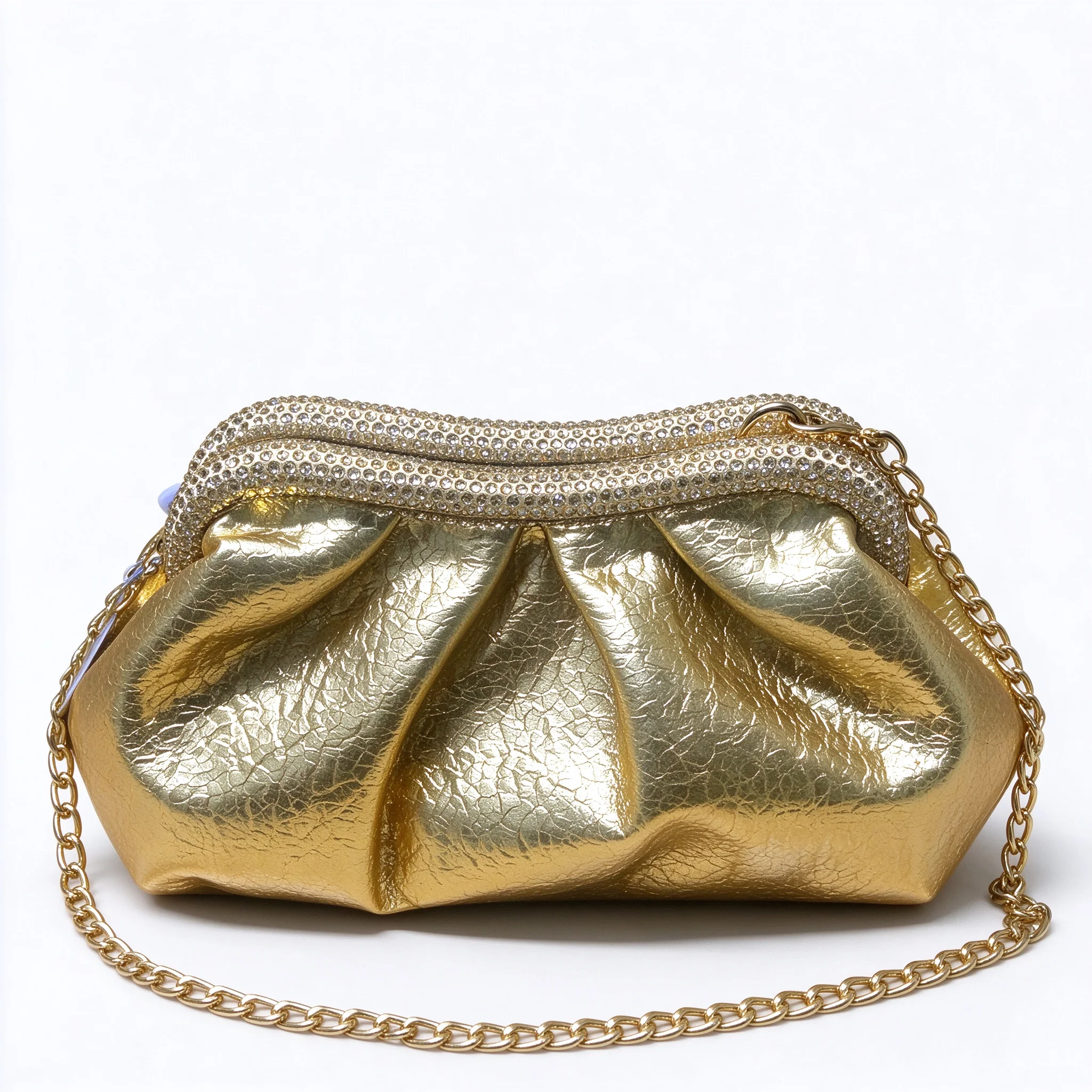 Elegant Women Gold Crystal Rhinestone Evening Clutch Bag, Pleated Cloud Shape Metal Chain Crossbody Handbag Wedding Party Prom