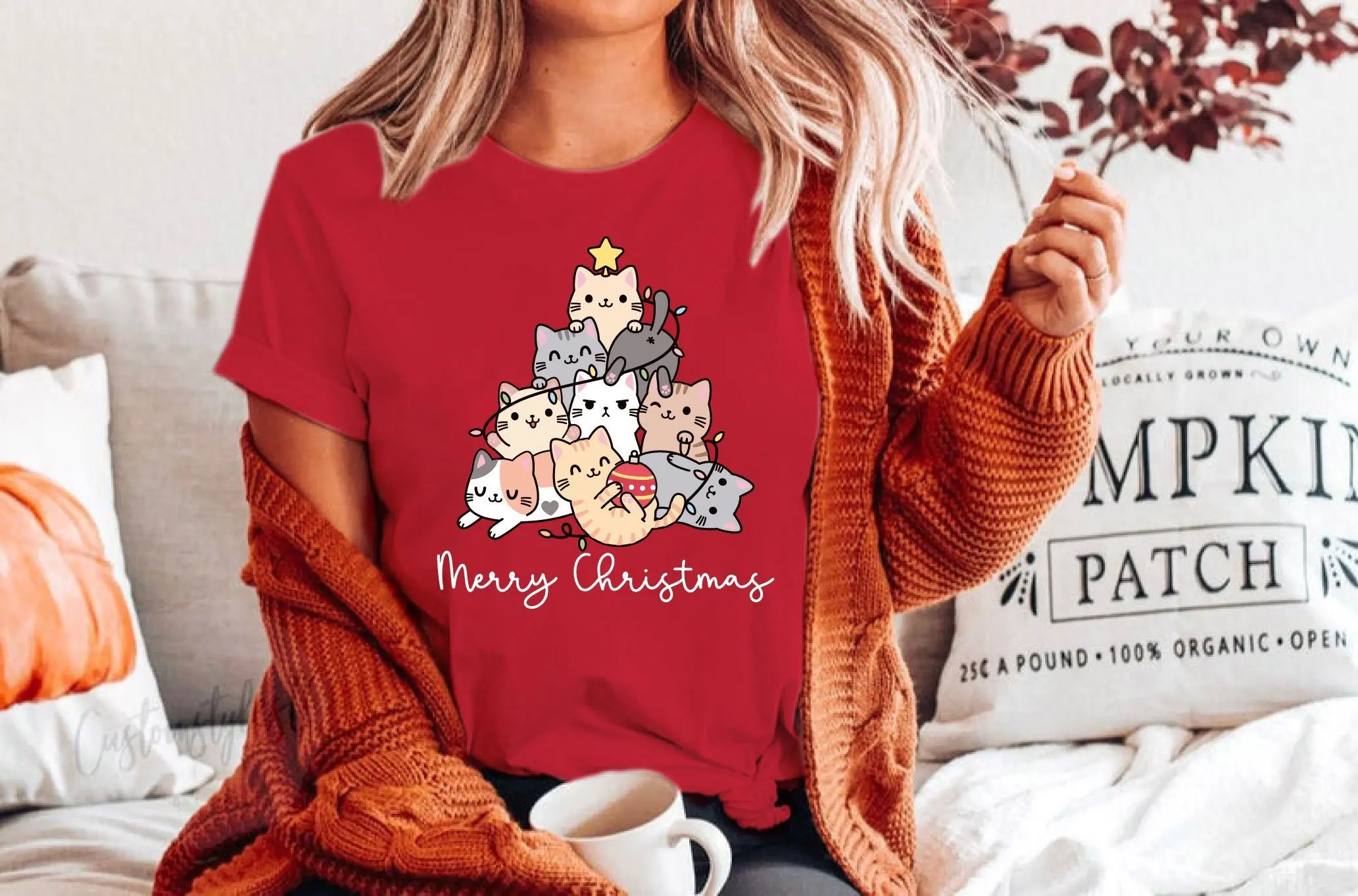 Women's Plus Size Merry CATMAS T Shirt Christmas Tree Cats Pure Cotton Breathable Fashionable and Versatile Unisex Oversized