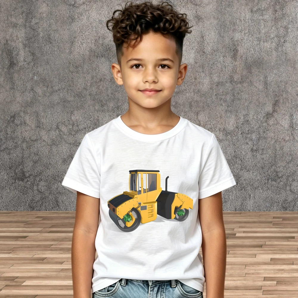 Boys Summer Cotton T-Shirts Road Roller Pattern Casual Short Sleeve Kids Tops