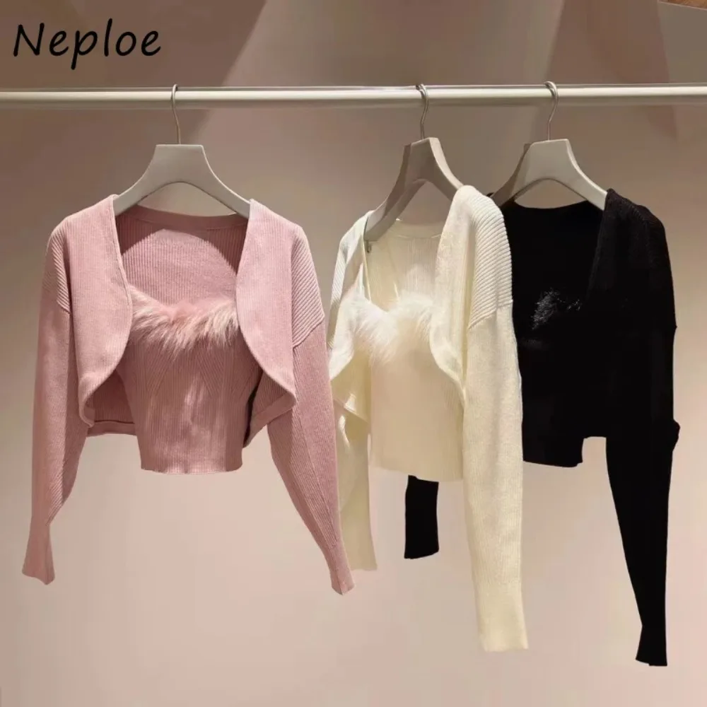 Neploe Solid Long Sleeve Sling Sets Jumper+square Collar Sweet Fresh Casual Sweaters Japanese Knit Fashion Suit Pull Femme