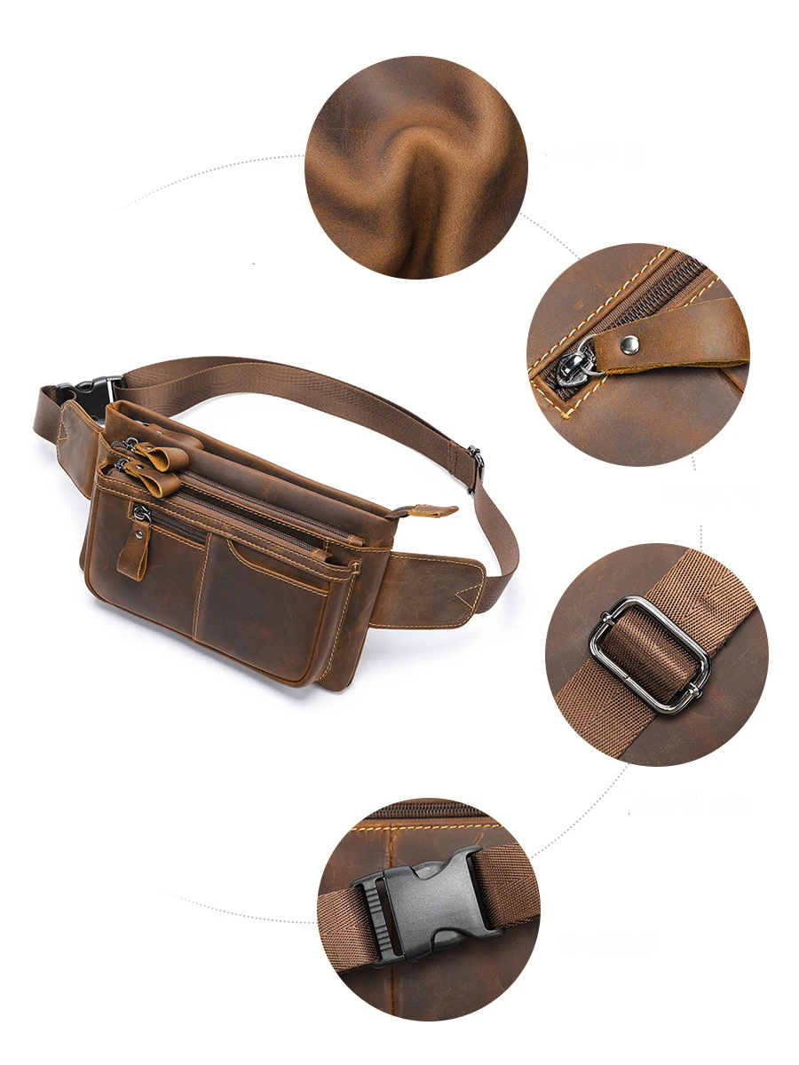 Bolsa de cintura de couro genuíno para homens, Fanny Pack masculino, bolsa para cinto, sacos crossbody para telefone, Crazy Horse