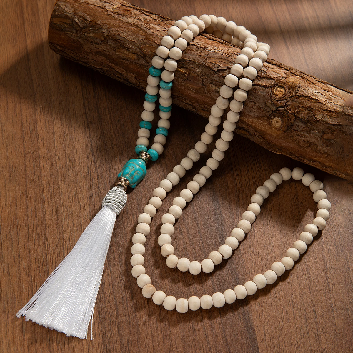 Bohemian style wooden bead bead necklace, retro turquoise Buddha tassel pendant, long Y-shaped women\'s necklace