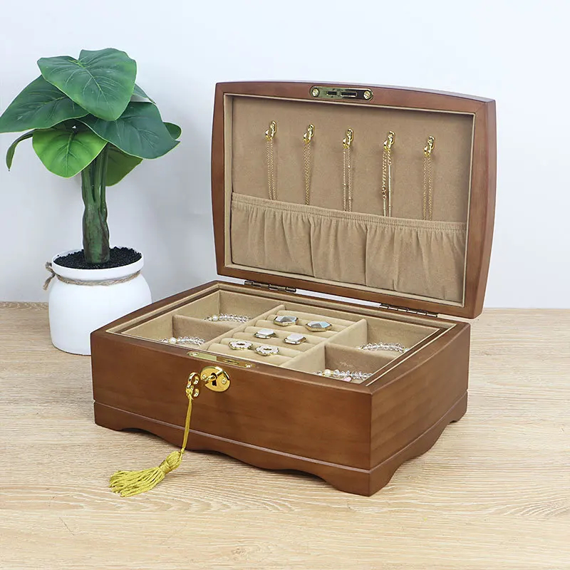 Wooden Jewelry Box with Lock Key For Women Natural Wood Lockable Antique Girls Organizer Boxes Built in Necklace