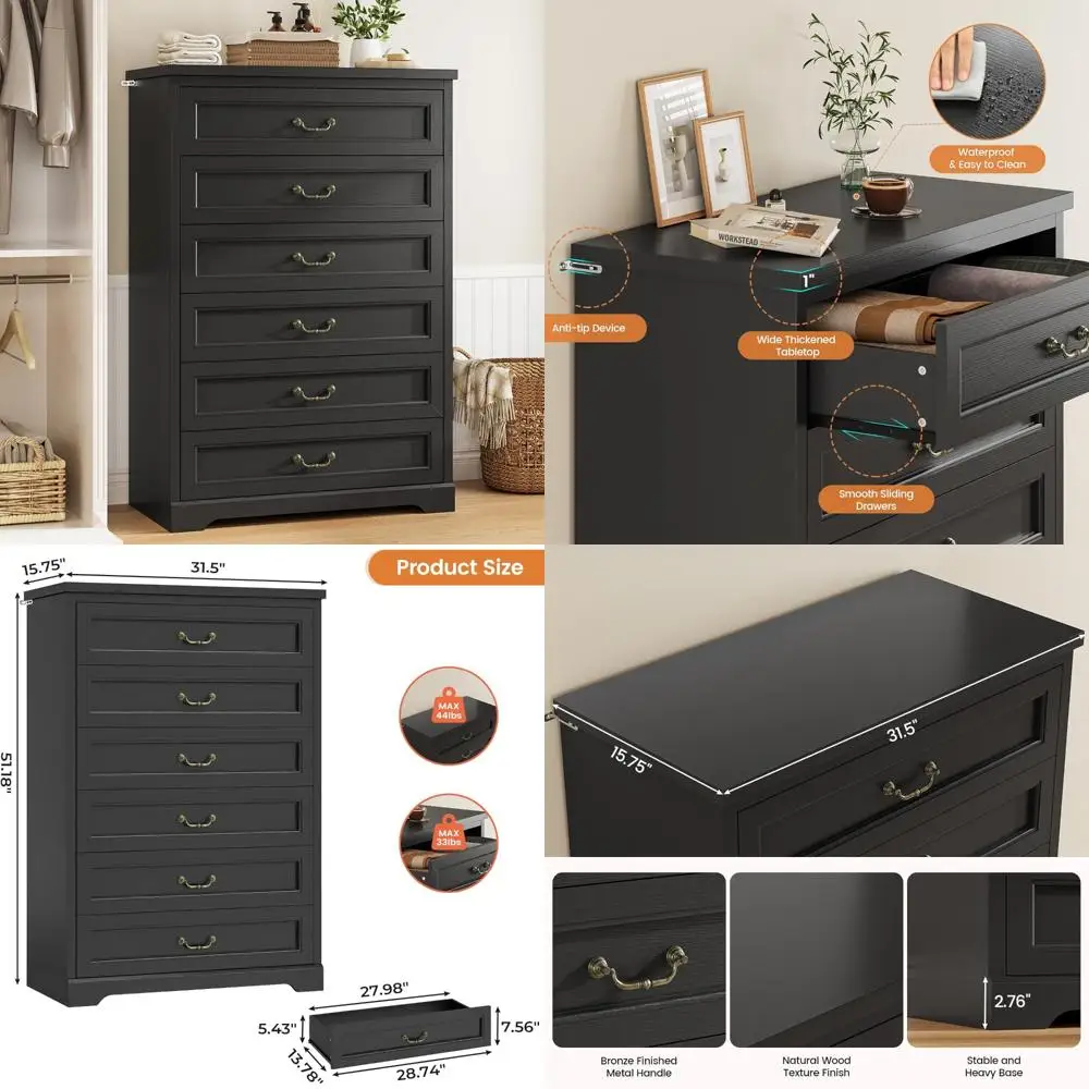 

Rustic 6-Drawer Wood Dresser for Bedroom, 51.2 Tall Vintage-Style Storage Chest with Metal Handles