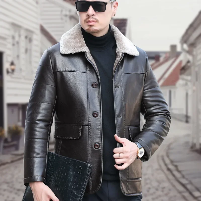 YXL-838 Natural Leather Men's Autumn and Winter Sheepskin Casual Lapel Mid Length Business Leather Down Jacket Plus Size