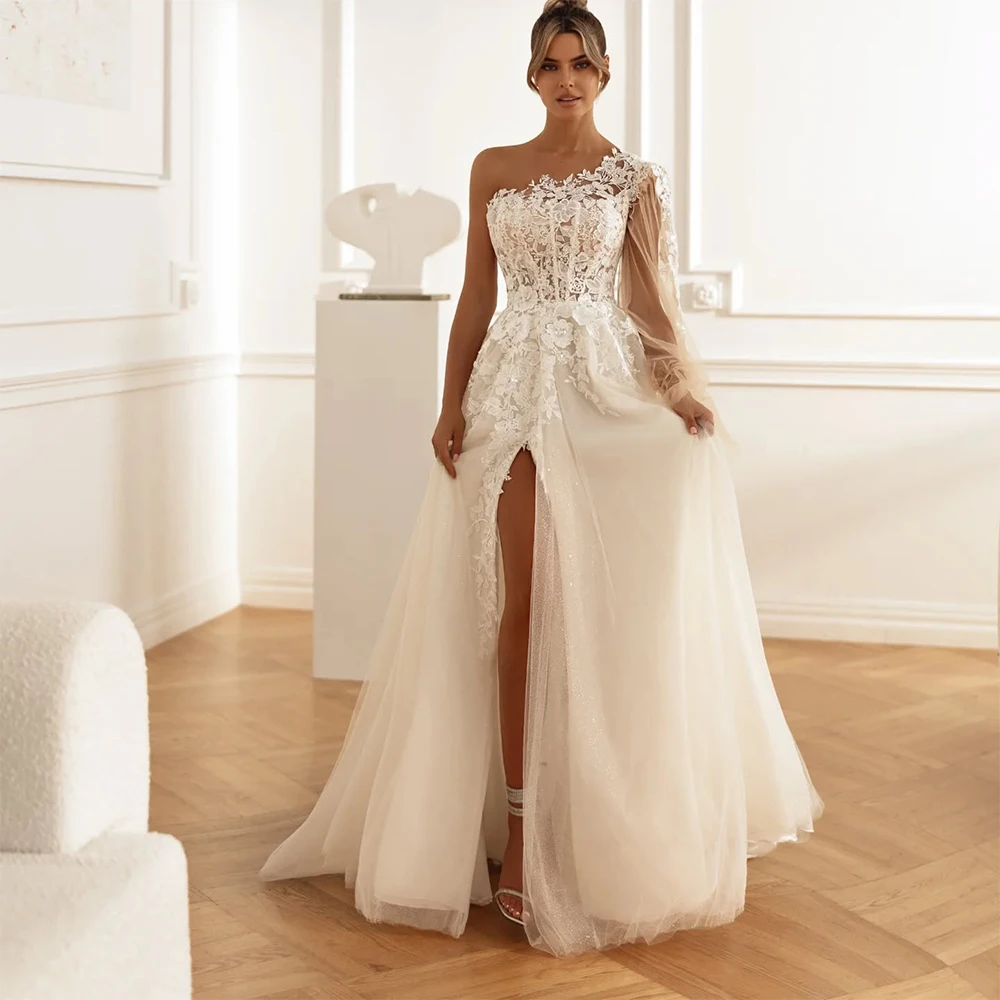 Elegant One - Shoulder Long - Sleeve A - Line  WEdding Dresses Side Slit CUsotm Made 2025 Vestido De Noival