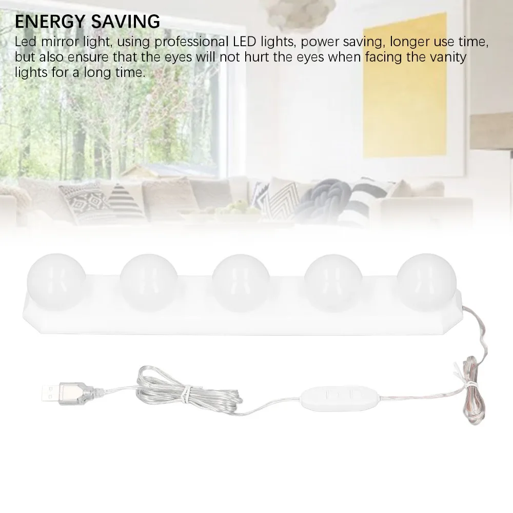 5 Bulbs LED Vanity Lights 10 Brightness Levels 3 Color Temperature Mirror Lights Dimmable Control USB Powered