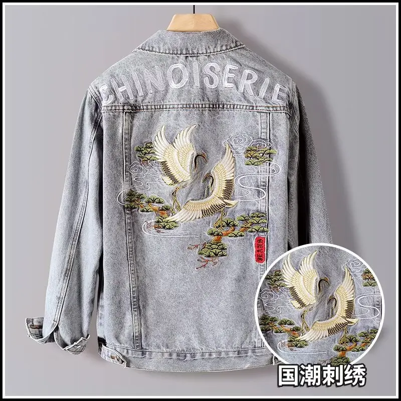 

2024 Motorcycle Men's Denim Jacket New Chinese Design Street Trend Vintage Loose Autumn Embroidered Denim Jacket Mens Top