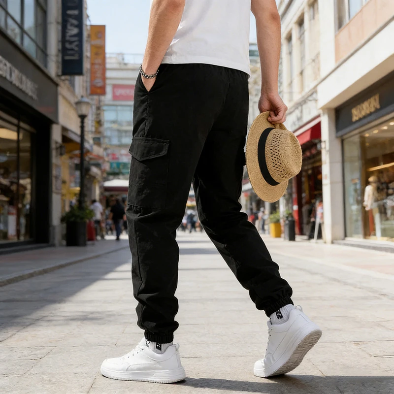 Men's Polyester Woven Cargo Pants Drawstring Waist Multi Pocket Joggers Casual Elastic Cuff Trousers for Men
