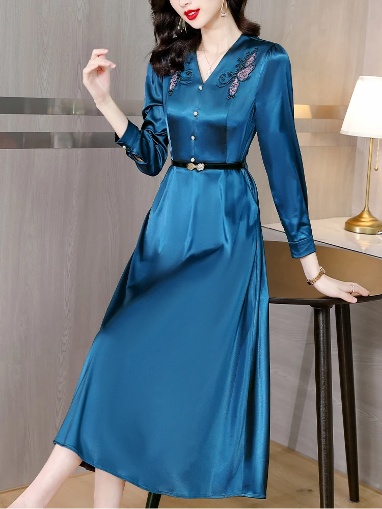 Autumn Winter Blue Acetate Satin Midi Dress Women Fashon Embroidry V-Neck Prom Dress 2024 Korean Elegant Luxury Chic Party Dress