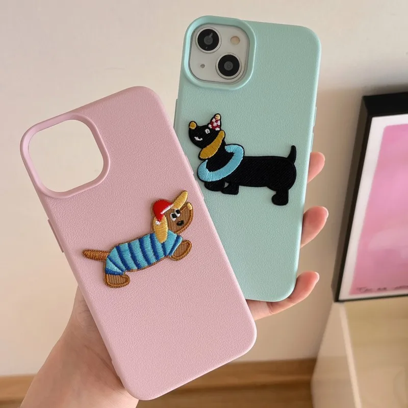 Divertente ricamo bassotto Pet dog art custodia per telefono per iPhone 15 14 13 12 Pro Max custodia Cute Cartoon luxury Cover morbida antiurto