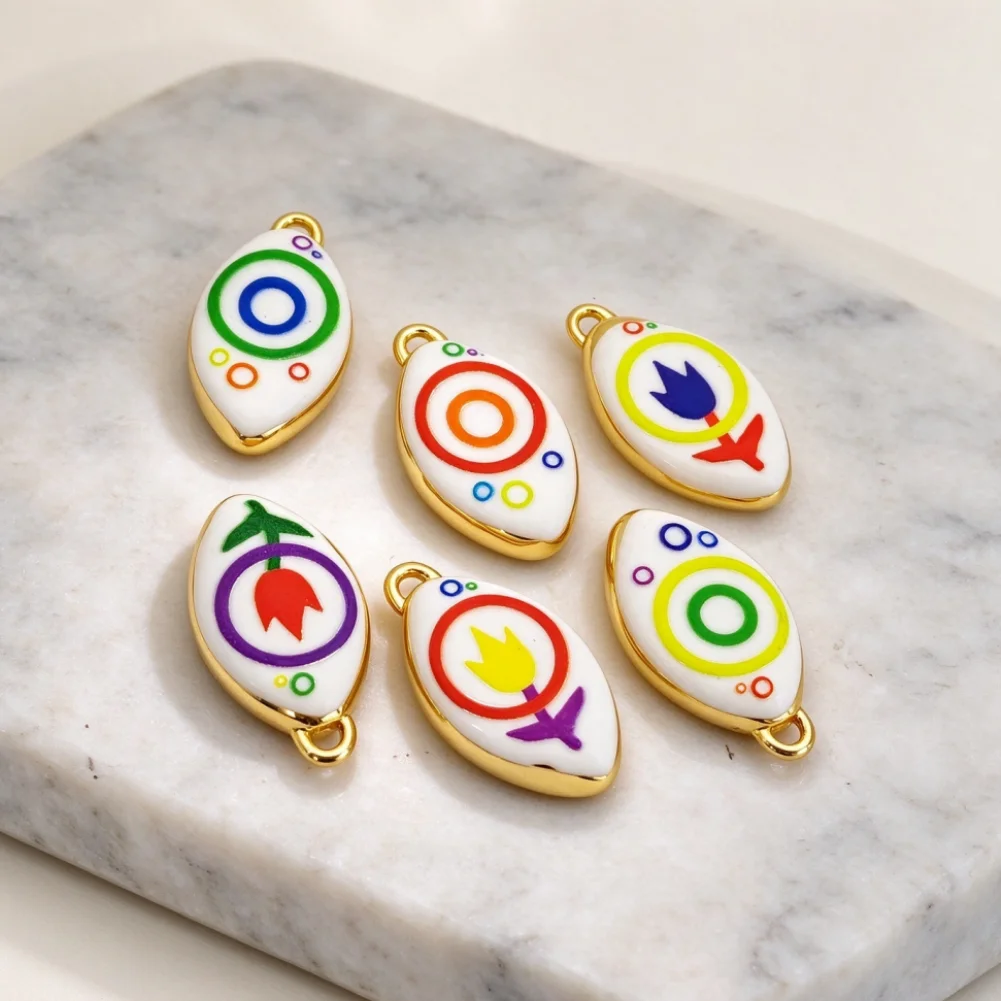 4 Pcs Pendants Brass Enamel Eye Shape Charms Color Circle Flower Pattern Diy Jewelry Necklace Bracelet Accessories for Women Men