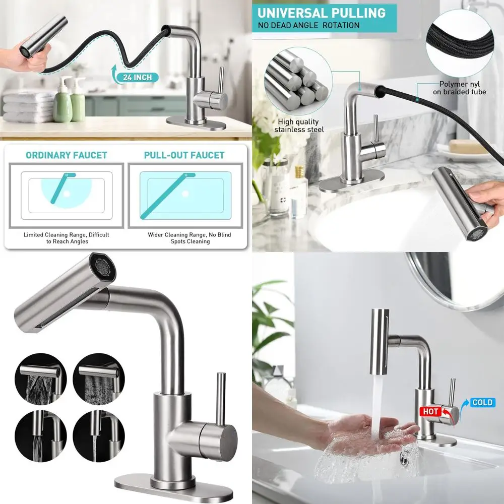 

4-Mode Pull-Down Spray, Brushed Nickel Single Handle Faucet with Pop-Up Drain for Bathroom Sink, 1 or 3 Hole Laundry Sink Faucet