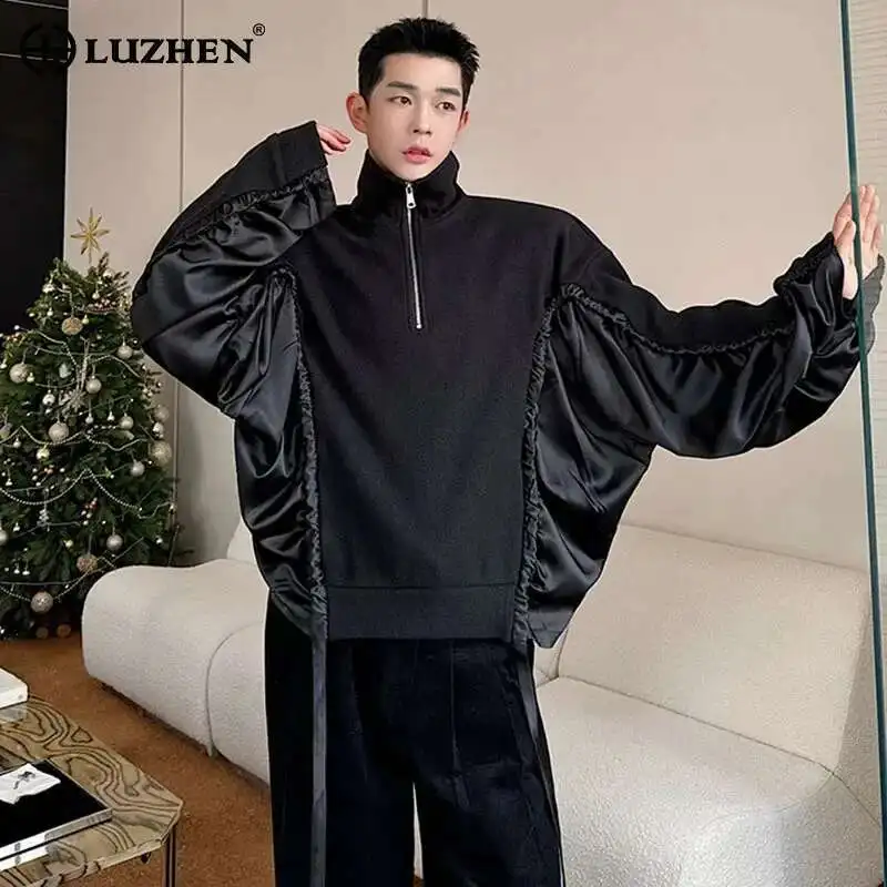 

LUZHEN Fashion PU Patchwork Design Loose Pleat Sleeve Pullover Sweatshirt Men's 2025 Stylish High Street Original Tops LZ6302