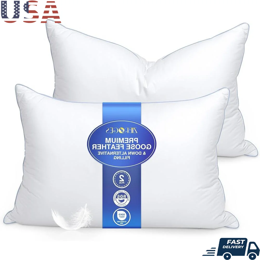 Goose Feather Pillows Set of 2 Soft Plush Hotel Quality Down Alternative Bedding Cushions Supportive Sleeping Comfort