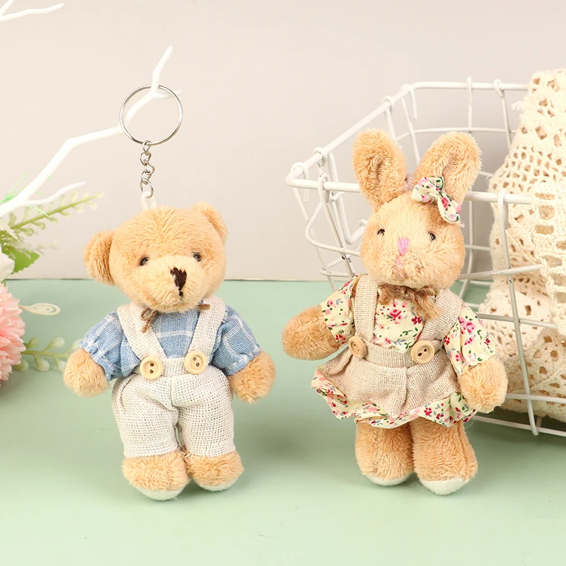 Cute Wear Clothes Bear Keychain Cartoon Rabbit Pendant Soft Stuffed Doll Keychain Backpack Car Bag Key Ring Decor Kid Gift