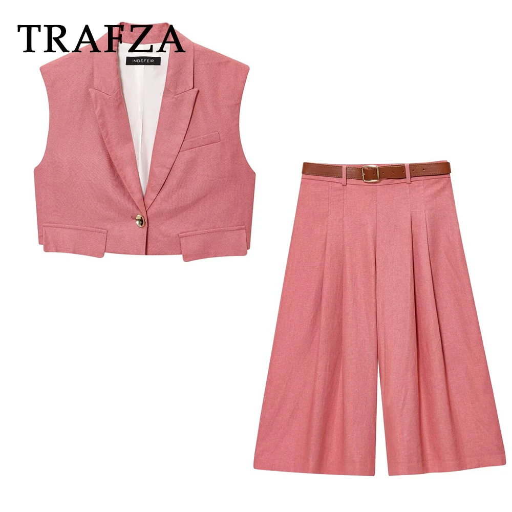 

TRAFZA Vintage Pink Casual Elegant Fashion 2025 Woman Suit Button Short Vest+Belt Calf-Length Wide Length Pants Summer Mujer Set