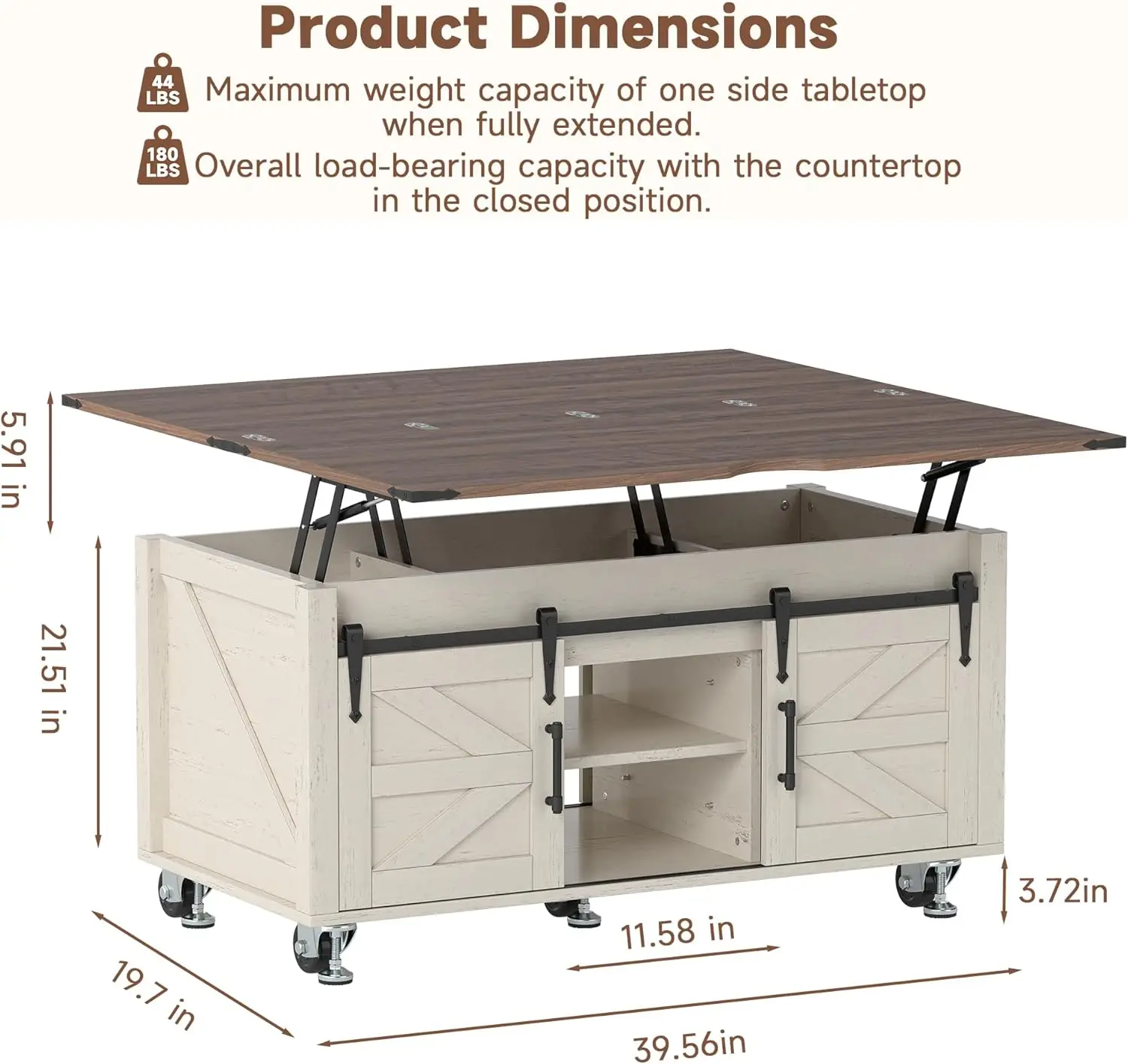 Mesa de centro rústica branca de fazenda de 40" - Mesa superior elevatória bilateral quadrada com porta deslizante de celeiro e grande armazenamento oculto