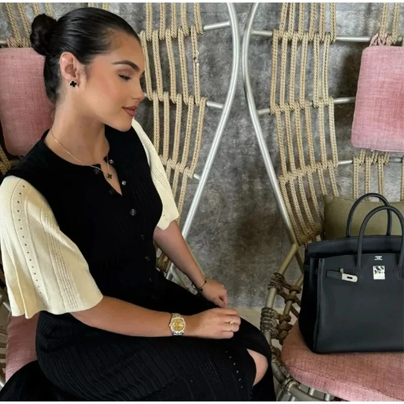 

Patchwork Knitted Maxi Dress For Women Short Sleeve Hollow Out Ribbed Long Party Dresses Elegant High Waist Knitwear Chic Dress