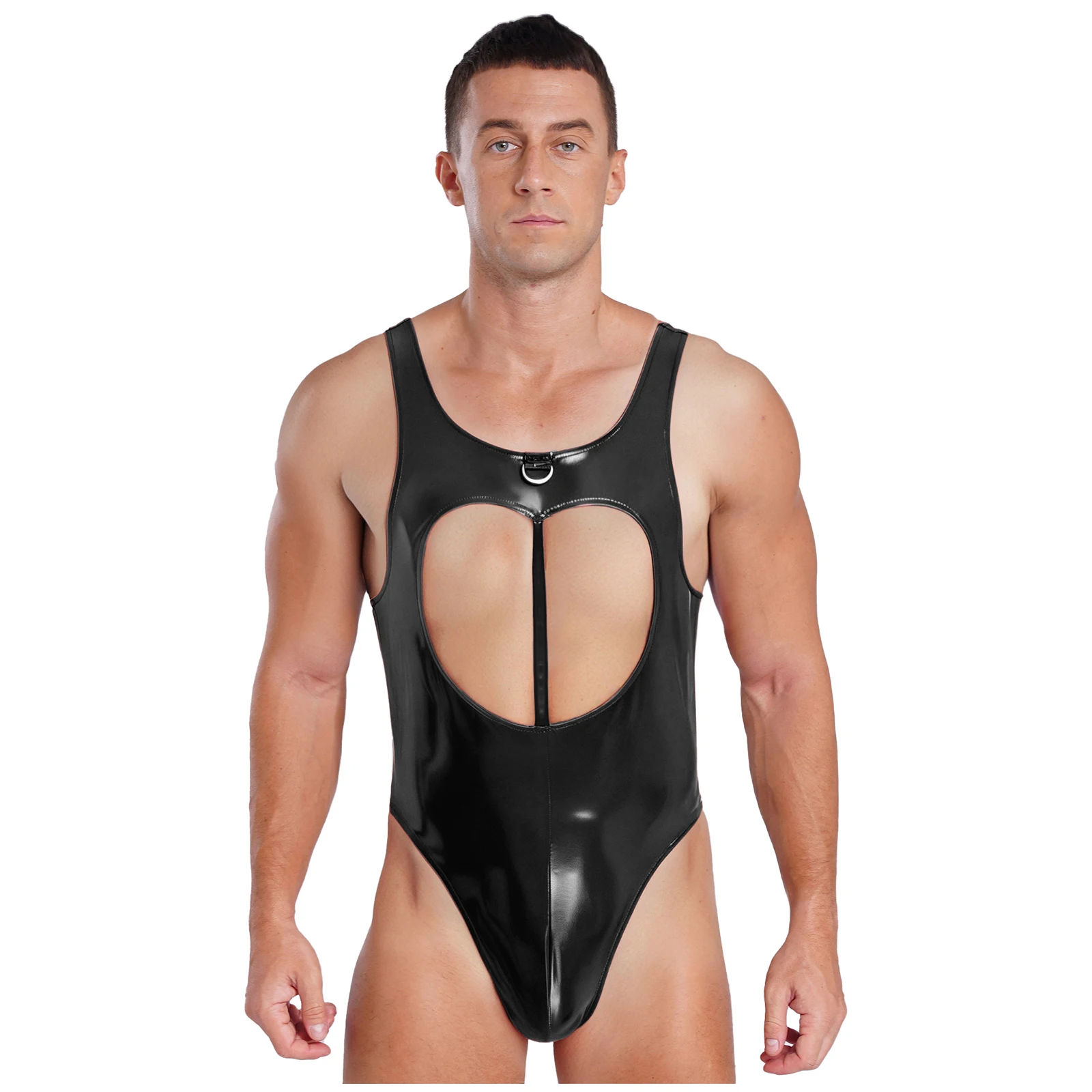 

Mens Sexy Wet Look Thongs Bodysuit Sleeveless Front Hollow Out Bunny Rabbit Tail Leather Leotard Sissy Drag Queen Nightwear