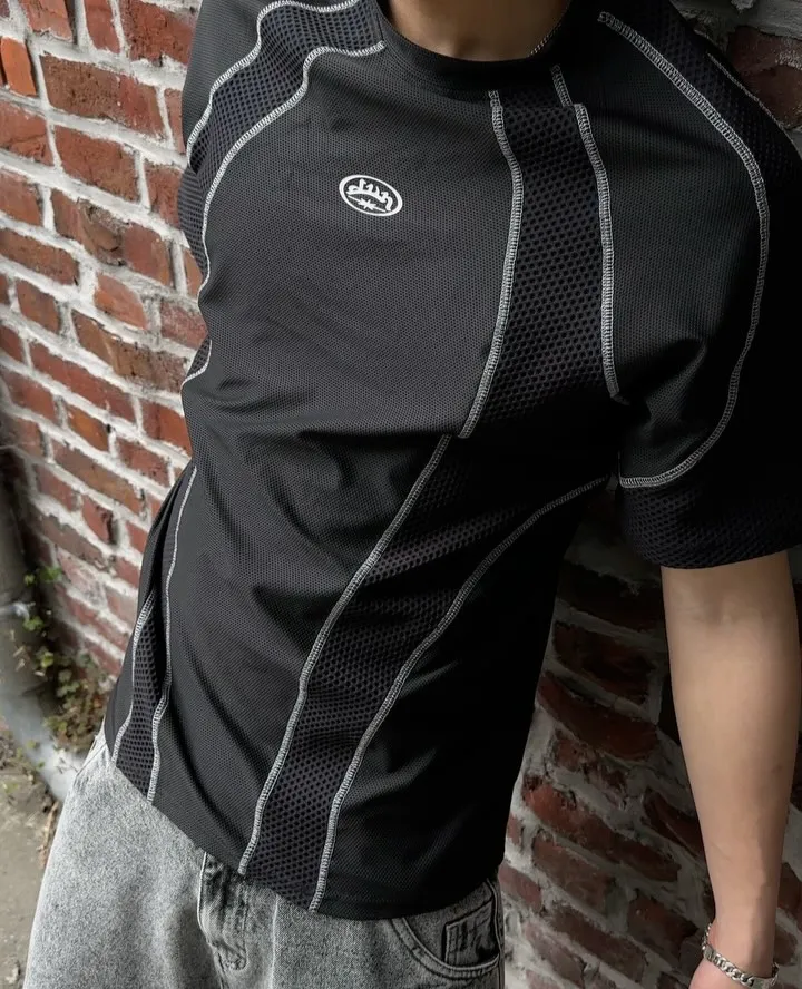 

Harajuku Striped Mesh Breathable T Shirt Men Women American Street Divin Embroidery Tee Fashion Casual Cotton Short Sleeves Tops