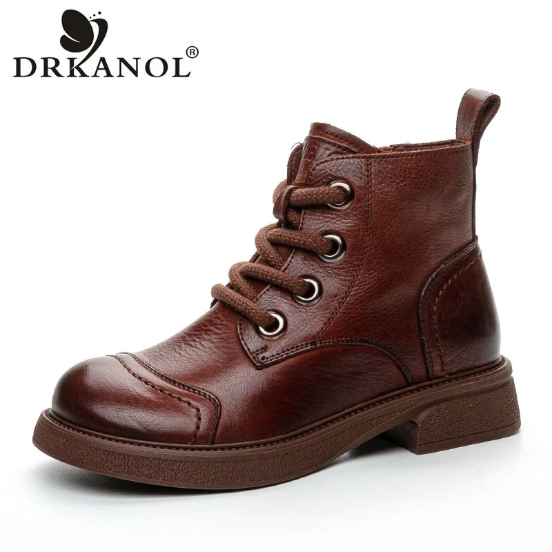 DRKANOL British Style Women Genuine Leather Ankle Boots Round Toe Genuine Cow Leather Flats Retro Handmade Trend Casual Boots