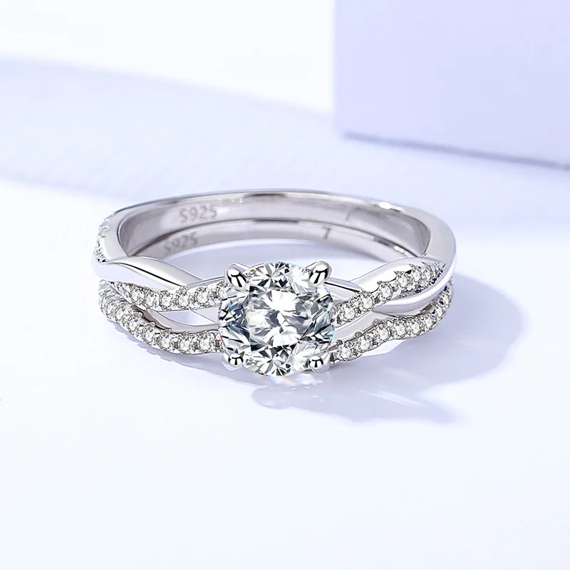 S925 Sterling Silver One carat Moissanite Ring Women's Versatile Fashion Popular Premium Ring Cross border Ring Set