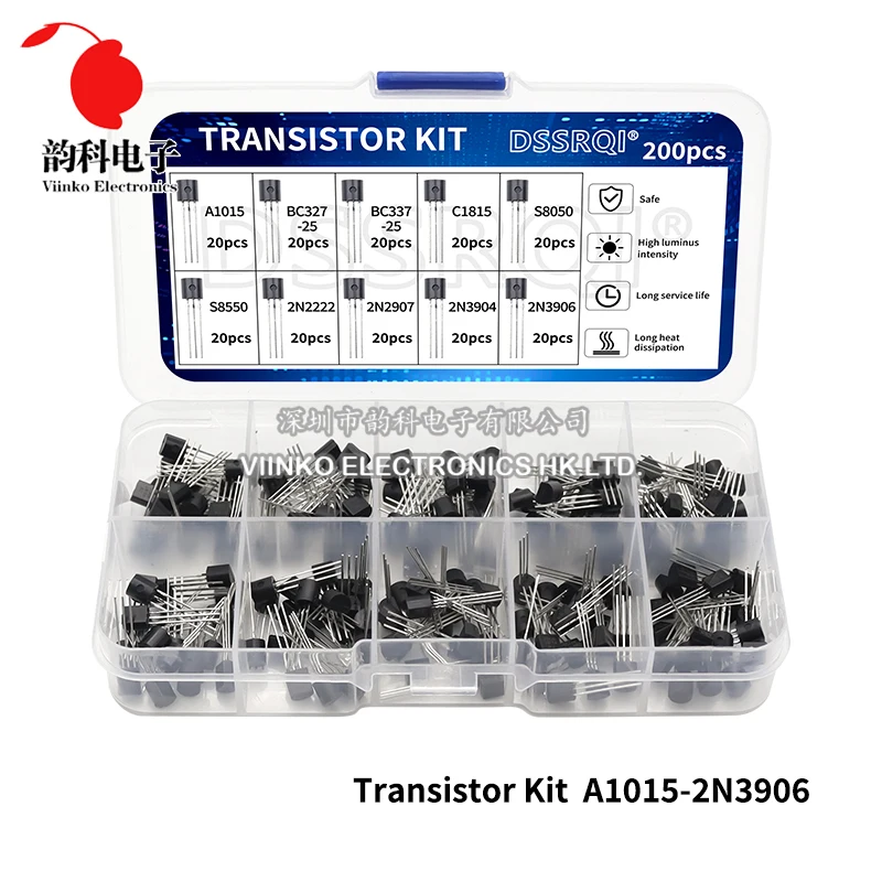 200pcs BJT Transistor Kit Bipolar Power Transistors A1015 BC327 BC337 C1815 S8050 S8850 2N2222 2N2907 2N3904 2N3906 PNP NPN