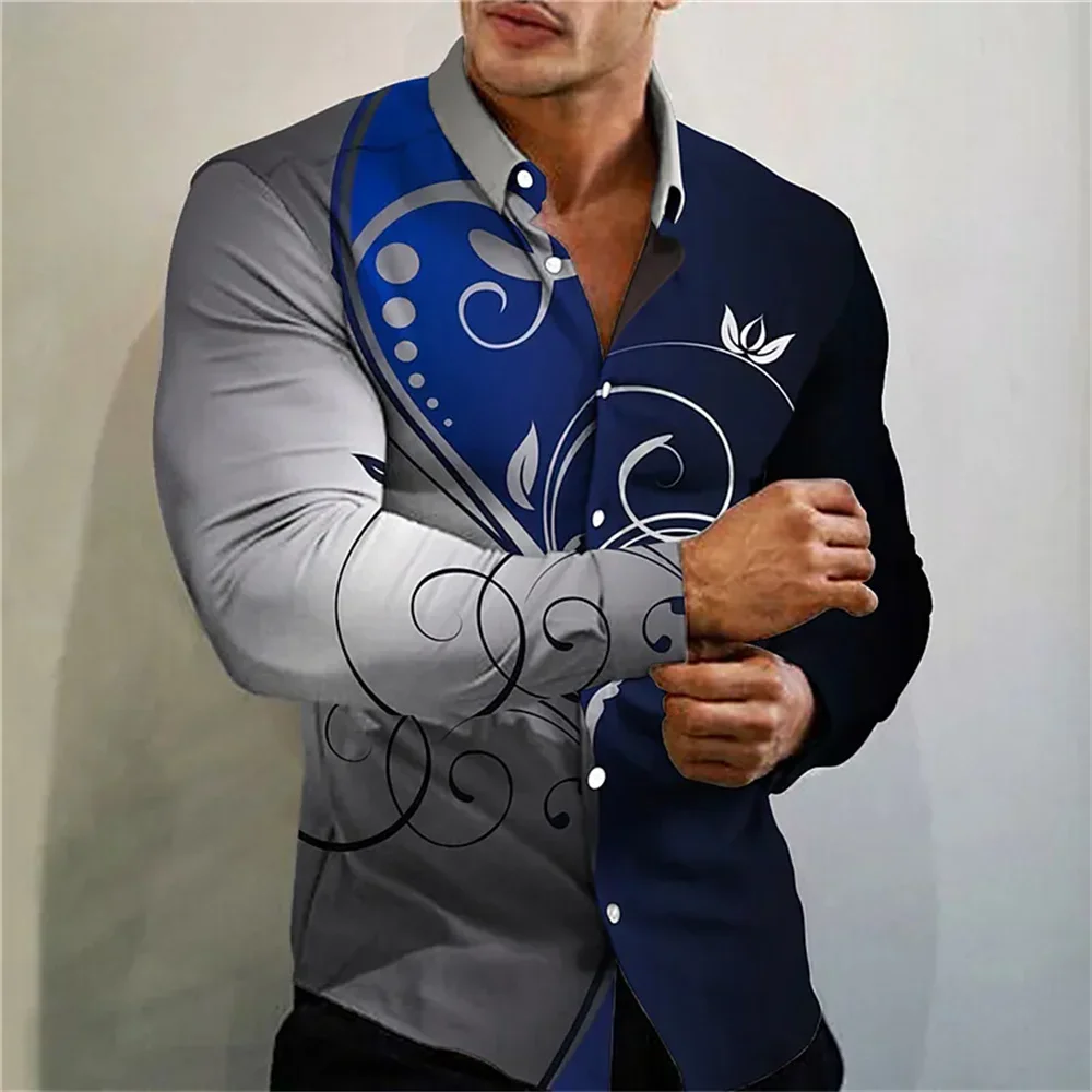 Men's High Quality Luxury Prom Fashion Social Red Blue Flower Print Polo Button Fashion Designer Long Sleeve Men's Shirt