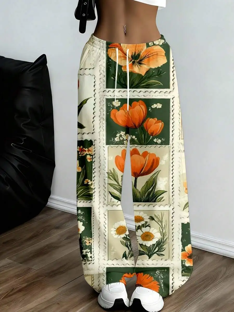 

Floral Print Long Drawstring Waist Pants With Side Pockets For Casual Sports