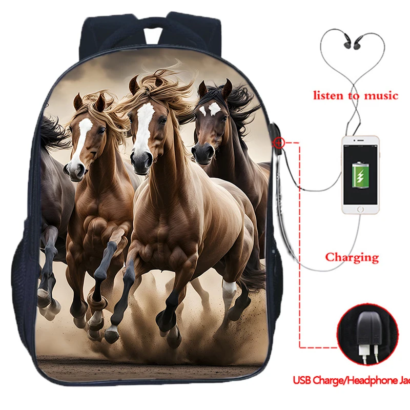 Grande Capacidade Correndo Cavalos Mochila, USB Charge, Saco de Viagem para Adolescentes, Escola Secundária Schoolbag, Laptop, 16"