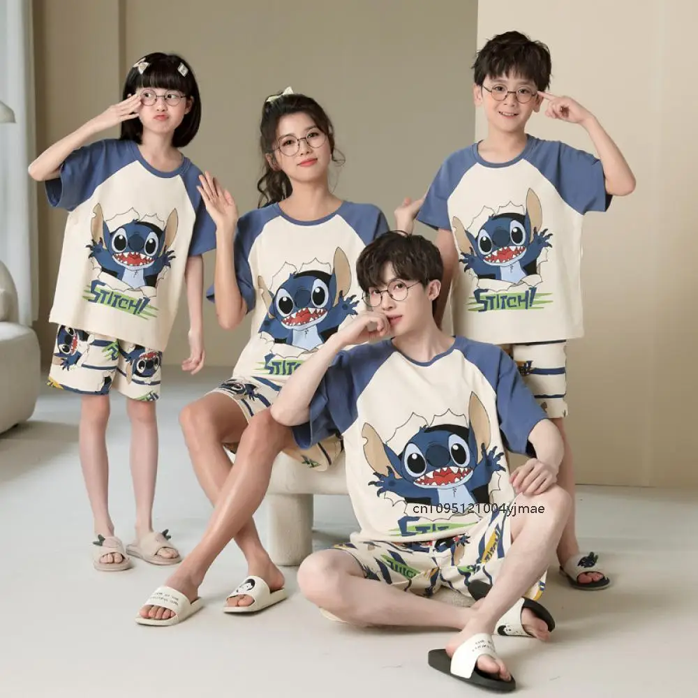 الصيف غرزة زوجين منامة أنيمي Kawaii النساء الرجال القطن موضة الجولة الرقبة قصيرة الأكمام السراويل Homewear الحلو ملابس كاجوال