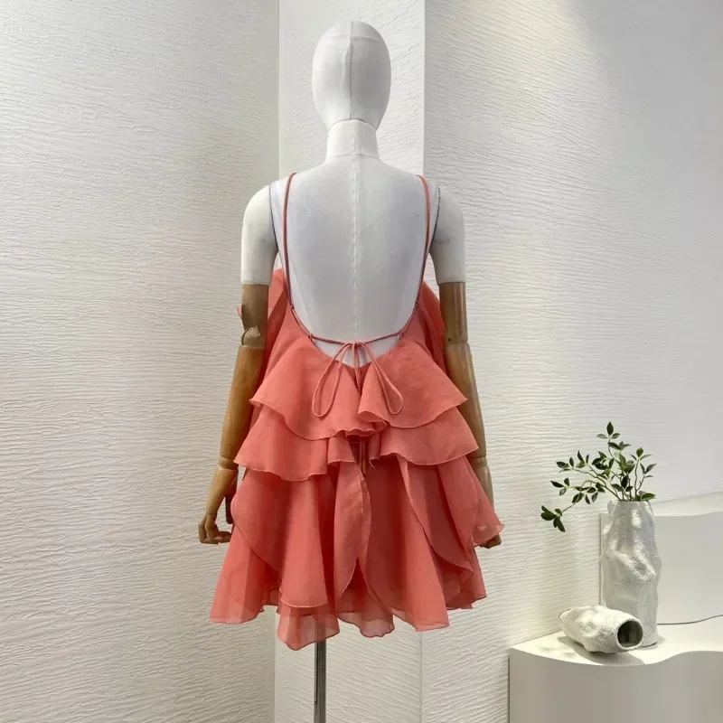 Women's Red/pink High Quality Flowers Appliqued Halter Ruffles Backless Mini Dresses for  2025 New Fashion Style