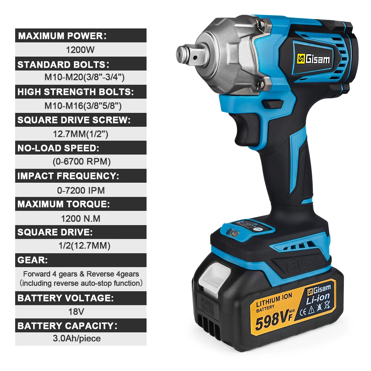 Gisam-Brushless Elétrica Impact Wrench, Chave De Fenda Sem Fio, Ferramentas Elétricas para Makita 18V Battery, 1200 N.M Torque, 1/2"