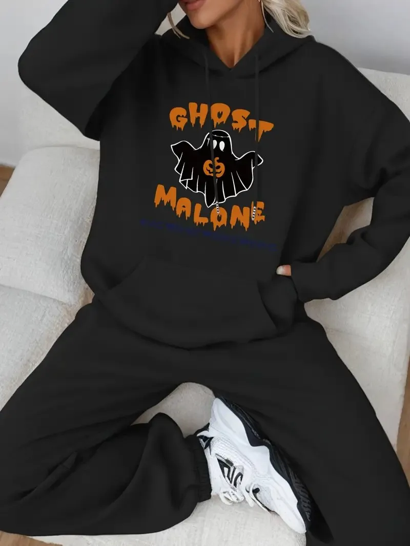 Halloween Ghost letter pattern 2-piece set, women's comfortable hoodie with loose sweatpants set, autumn and winter women