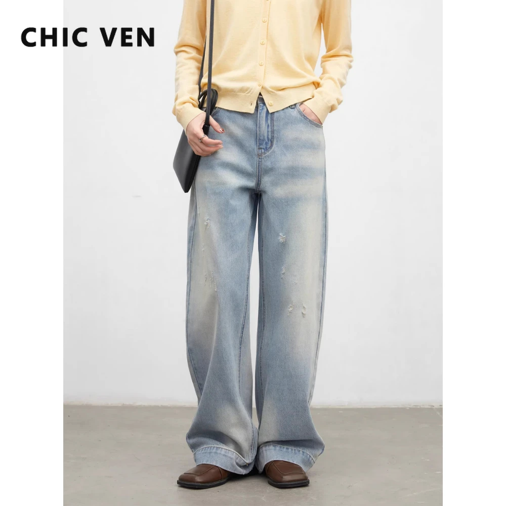 CHIC VEN New Women Jeans Loose Casual Streetwear Retro Blue Female Denim Pant Straight Leg Ripped Trousers Spring Summer 2026
