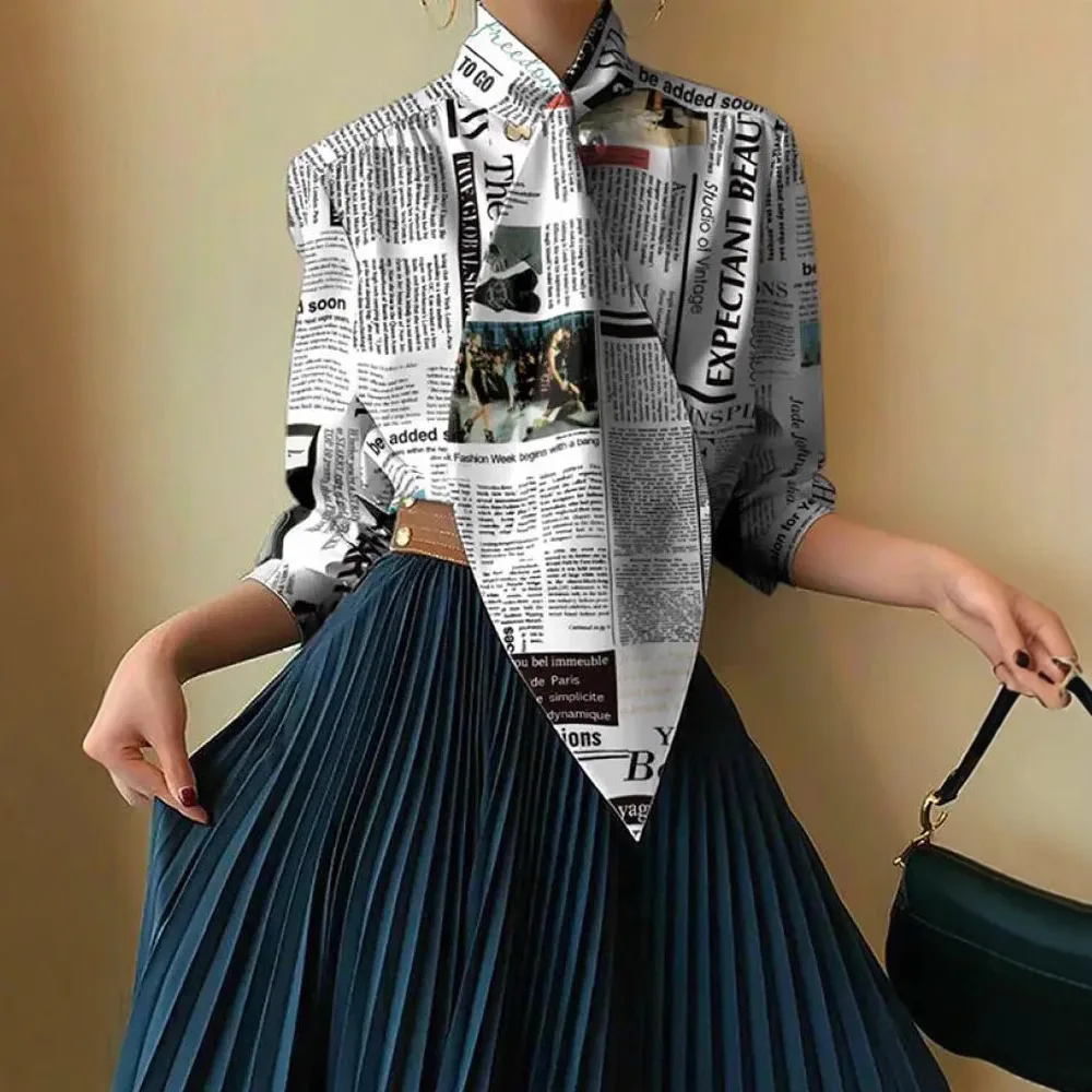 Women's Fashion Letter Printed Tie Design Blouses 2026 Spring Summer Long Sleeve Stand Collar Casual Office Lady Shirts Tops