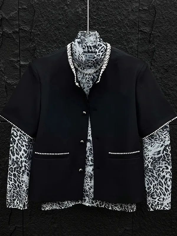 

Short-Sleeved Men's Jacket with Shoulder Pads Diamond-Embedded Casual Shirt for Youth All Seasons Breathable