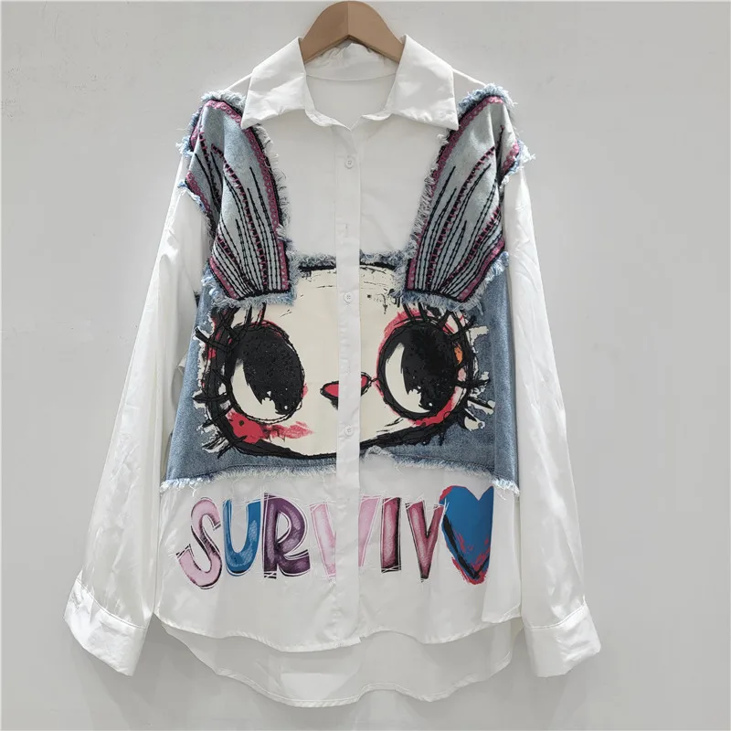 2025 Autumn New Korean Fashion Loose Turn-Down Collar Long Sleeve Shirt for Women Design Sense Denim Patchwork Cartoon Shirt