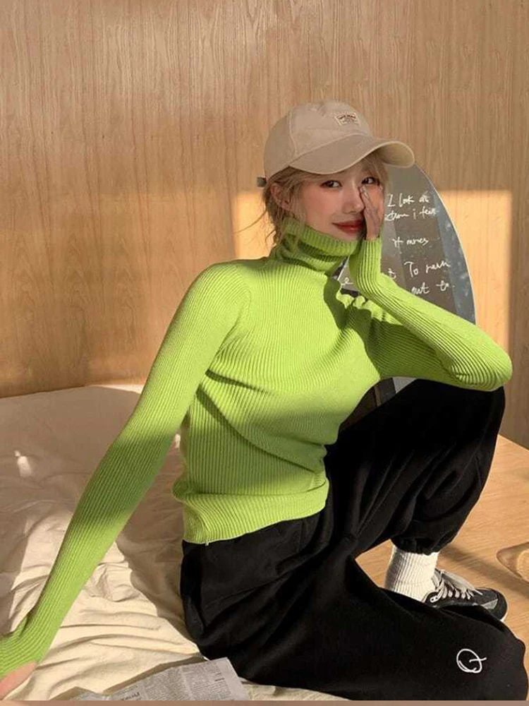 

Knitted Sweater Women Korean Version Turtleneck Sweater Winter Solid Color Pullover Slimming Interior Lapping Warm Basic Tops