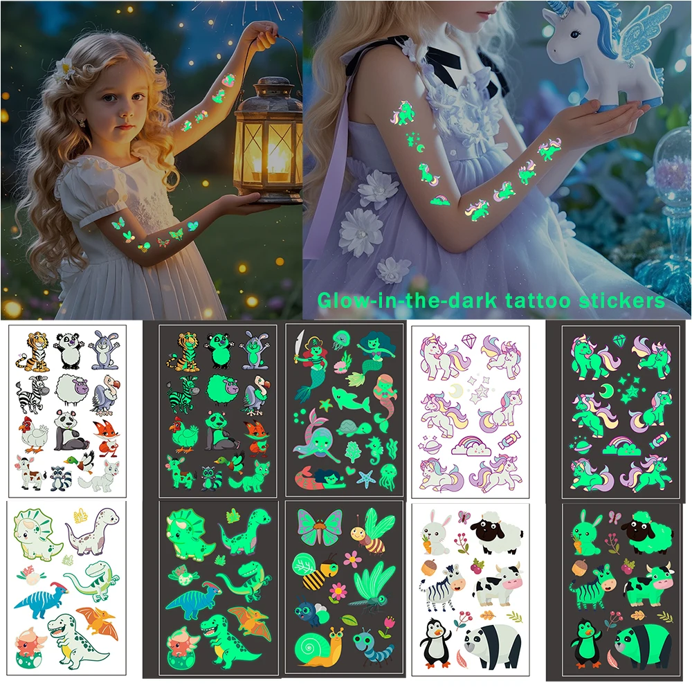 

10 Sheets Tattoo Stickers Glow-In-The-Dark Waterproof Temporary Cute Dinosaur Butterfly Cartoon Animal Halloween Decoration Prop