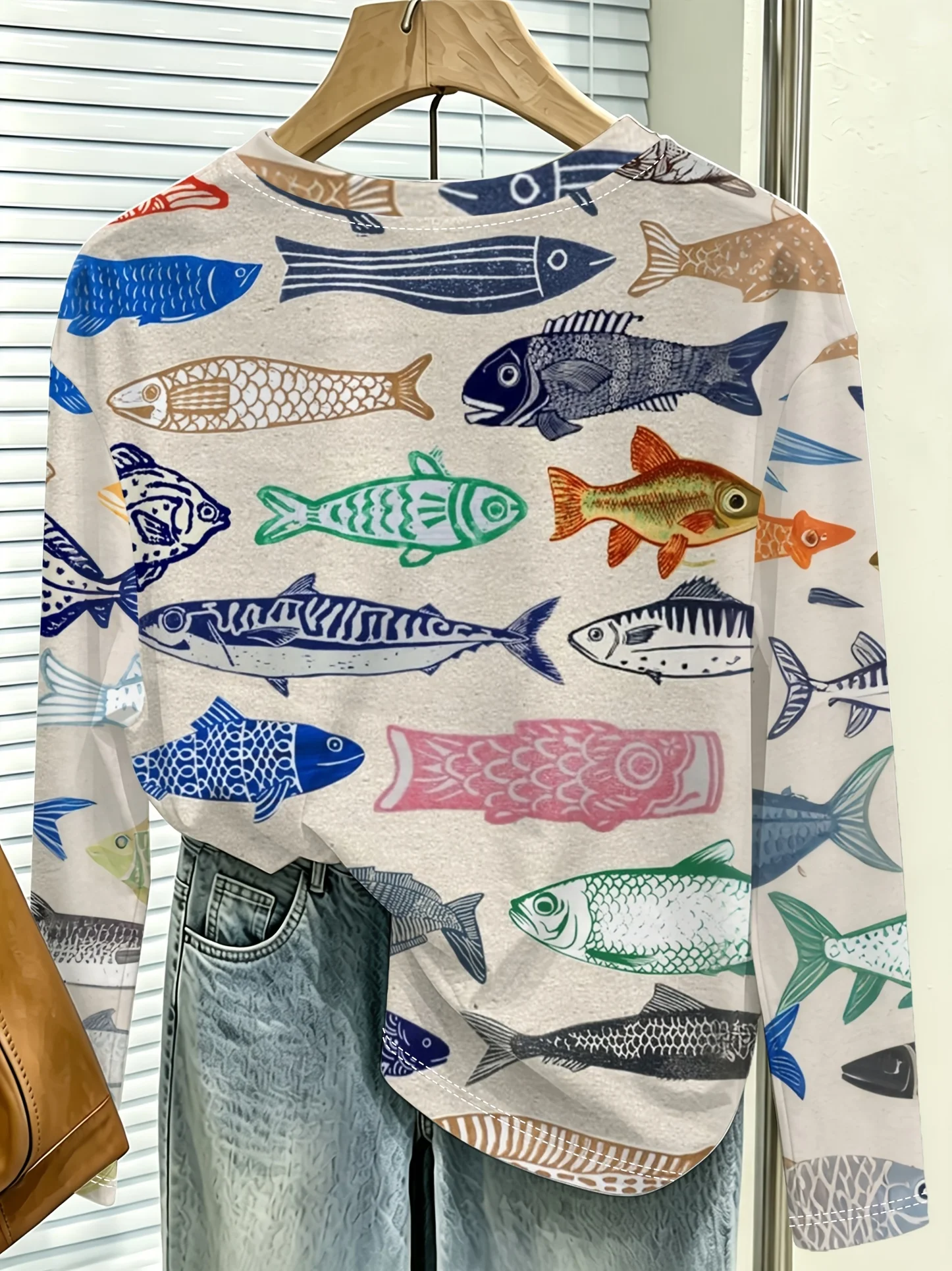 Women T‑Shirt Long Sleeve 3D Retro Colorful Fish Stamp Print Tee Casual Street Female Wear Daily O‑Neck Cute Top Women's Clothes - view 3