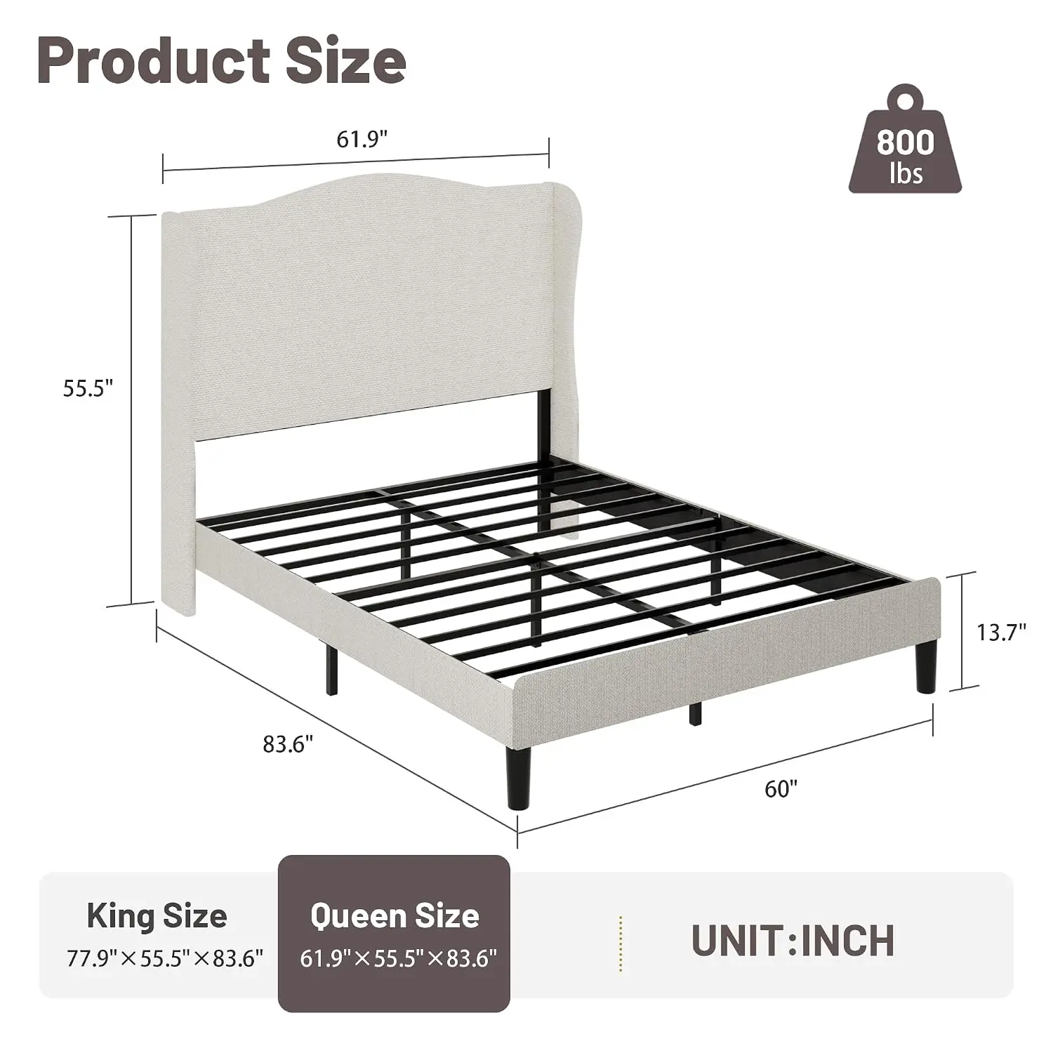 Queen Upholstered Bed Frame with 55.5