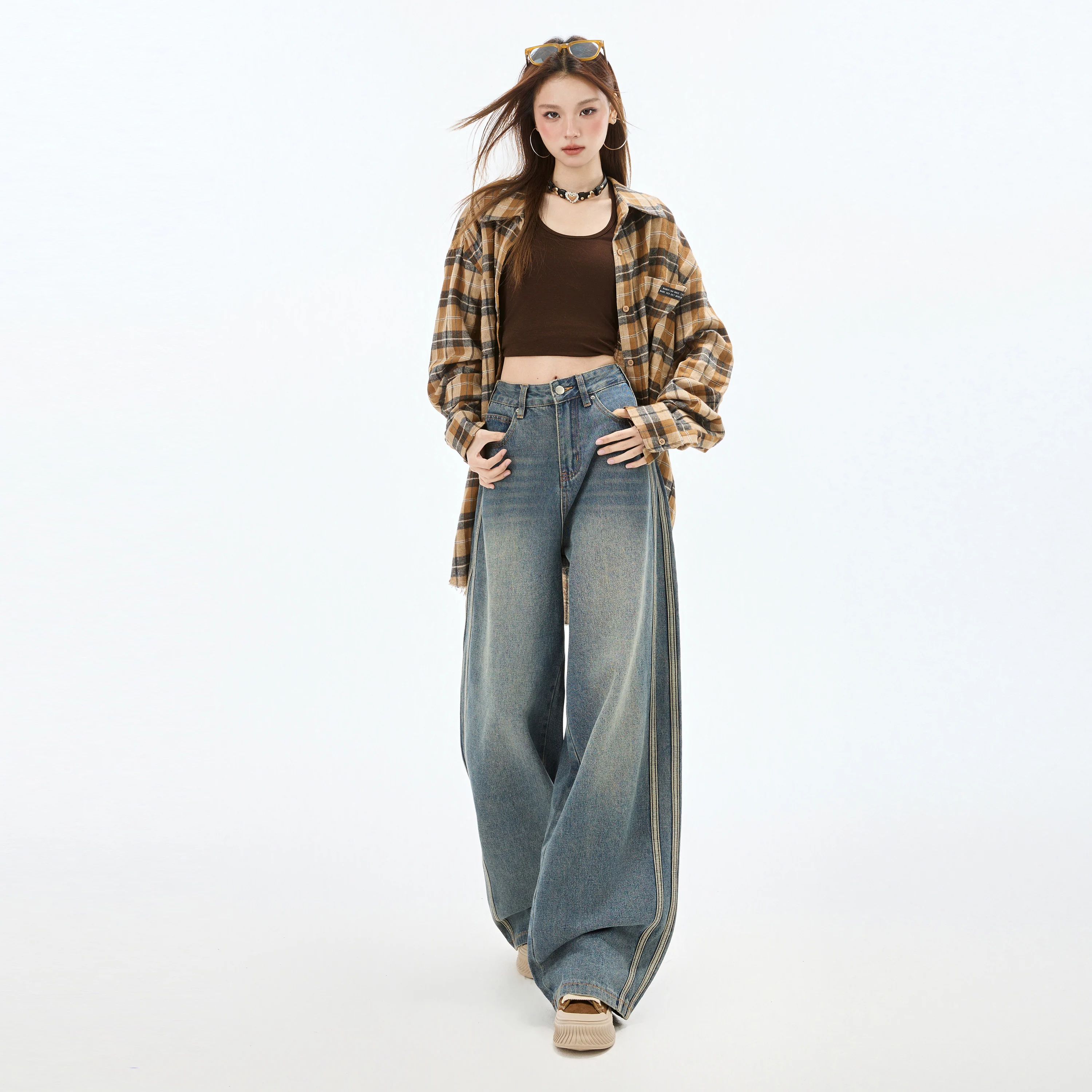 

Джинсы Y2k Женские брюки Мешковатые широкие брюки с подолом Весенний сезон Винтаж Ретро High Street Проблемная боковая полоска Свободный крой