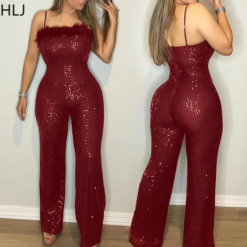 

HLJ Sexy Sequin Feather Splicing Spaghetti Strap Party Club Jumpsuits Women Sleeveless Backless Straight Playsuits Lady Overalls