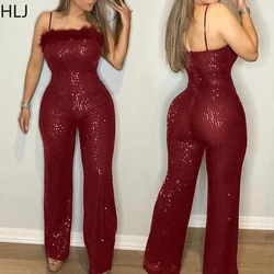 HLJ Sexy Sequin Feather Splicing Spaghetti Strap Party Club Jumpsuits Women Sleeveless Backless Straight Playsuits Lady Overalls