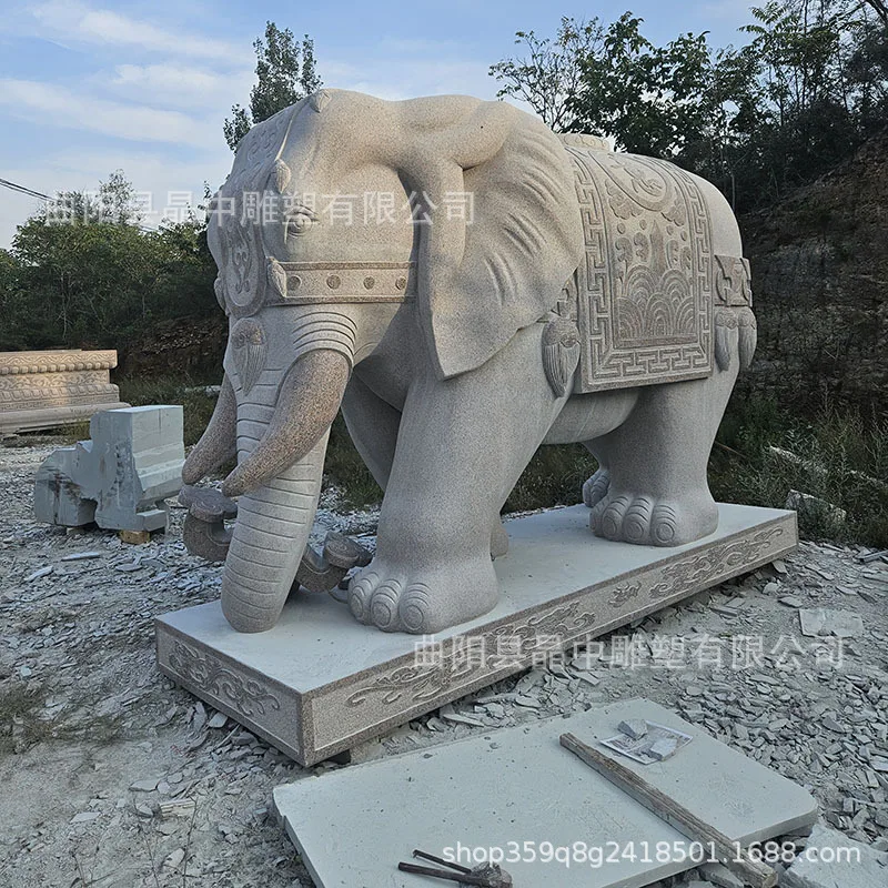 Stone carving granite elephant, a pair of white marble ornaments, stone elephant at the door to attract wealth, bluestone elepha