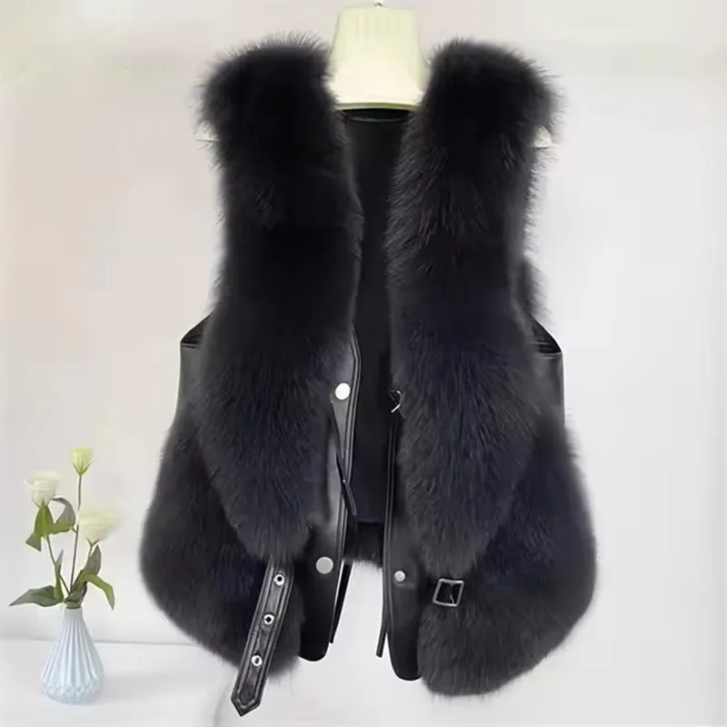 Chic Faux Fur Waistcoat for Women Autumn Splice Leather Jacket Faux Fox Coat Ladies Sleeveless Fur Vest Female Warm Outwear