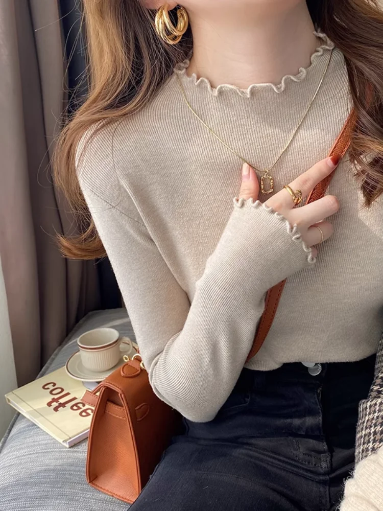 

Женский трикотажный топ с высоким воротником и деревянной вставкой, базовая модель для ношения под одеждой, весна 2026, модный, милый, с длинным рукавом